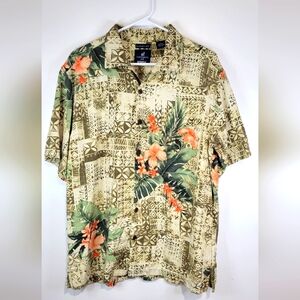Caribbean Joe Washable Silk Shirt Mens Large Brown Tan Hawaiian Tropical.